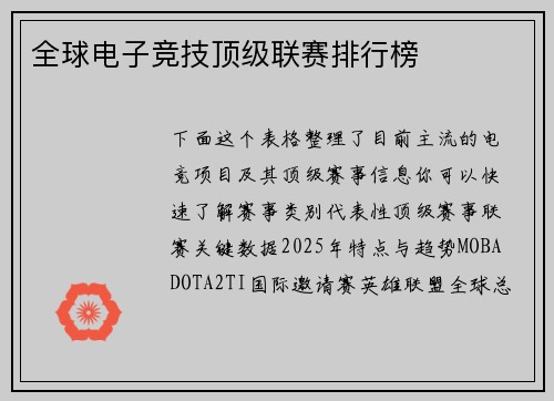 全球电子竞技顶级联赛排行榜